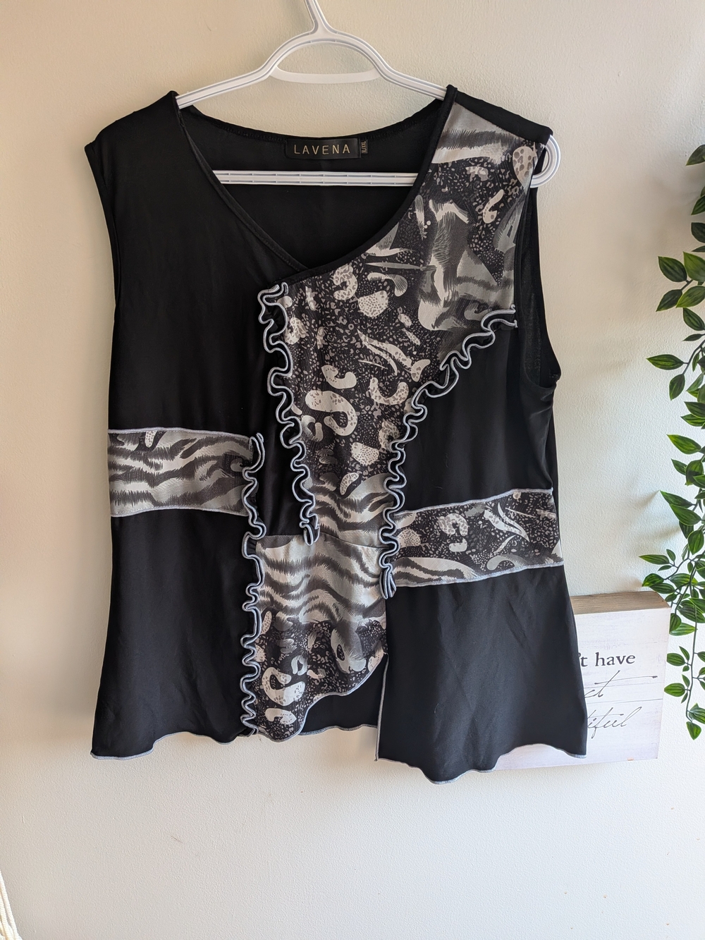 Lavena Black Sleeveless Ruffle-Trim Mixed Print Top